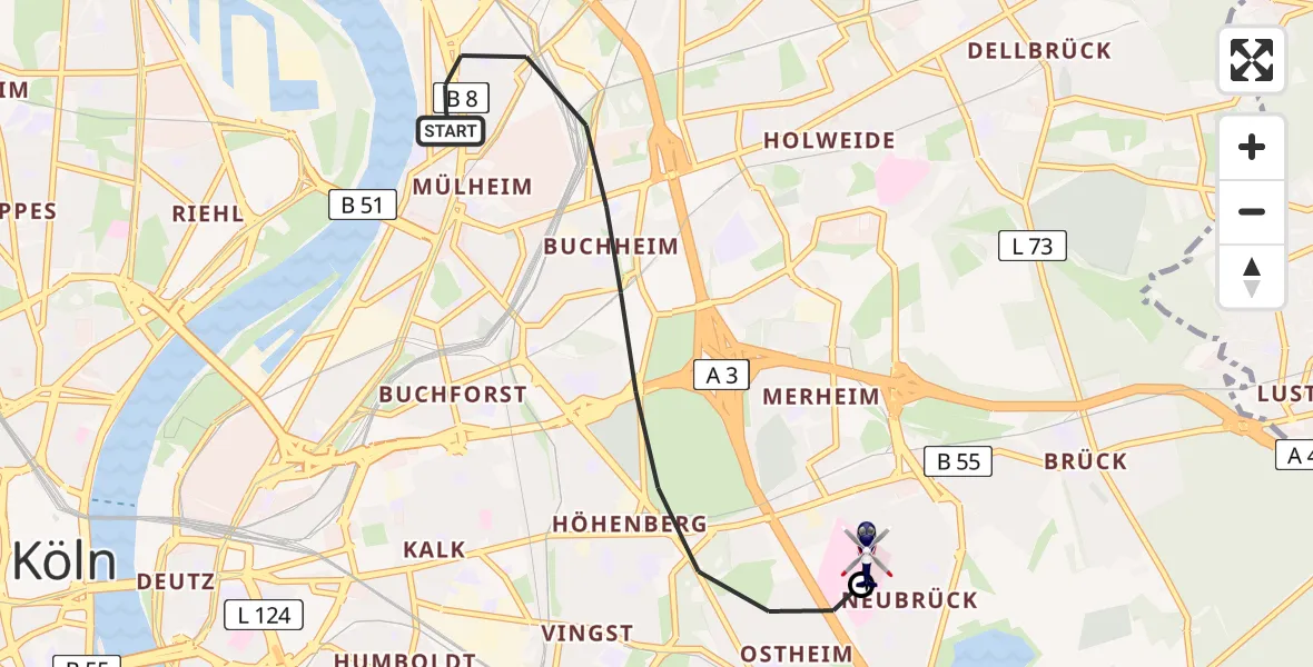 Flugroute Polizeihubschrauber Köln - Merheim Hospital, 08 Juli 2026, 18:37