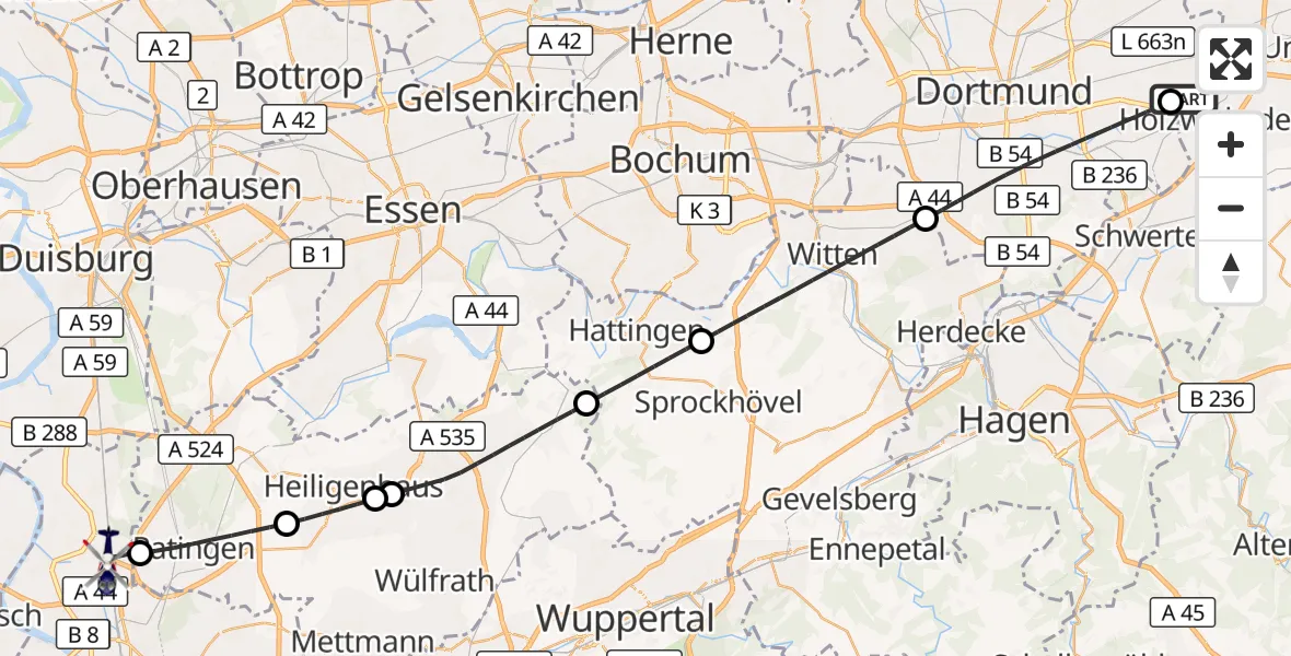 Flugroute Polizeihubschrauber Dortmund Flughafen - Düsseldorf Flughafen, 08 Juli 2026, 18:42