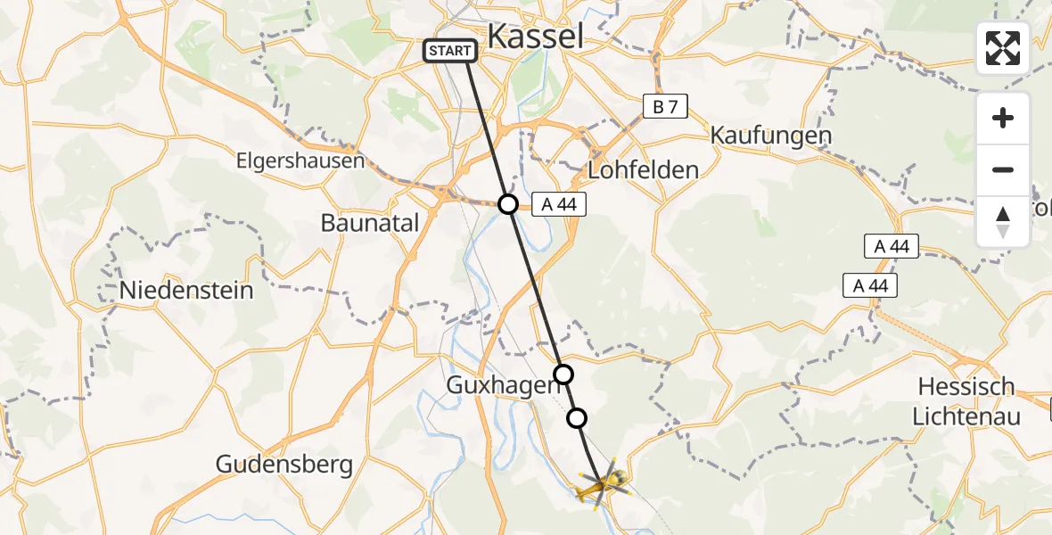 Flugroute Rettungshubschrauber Kassel - Körle, 08 Juli 2026, 18:42