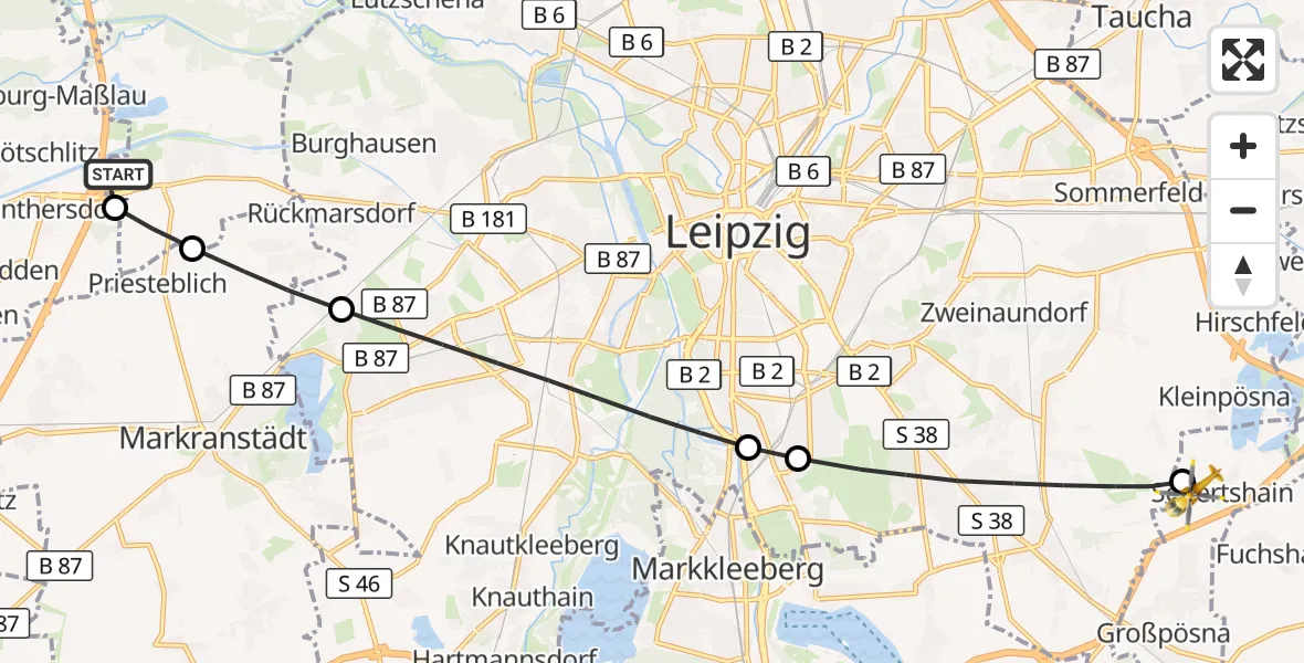 Flugroute Rettungshubschrauber ADAC Air Rescue Station Leipzig/Schkeuditz-Dölzig Hubschrauberlandeplatz (Christoph 61) - Großpösna, 08 Juli 2026, 18:44
