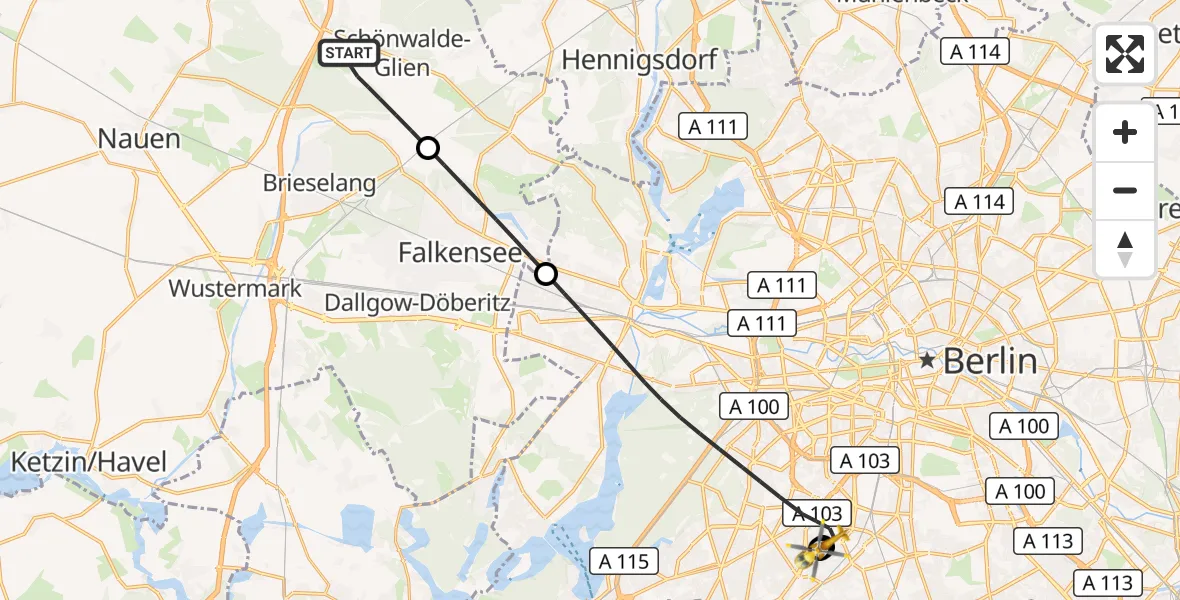 Flugroute Rettungshubschrauber Schönwalde-Glien - Charité Clinic Benjamin Franklin Campus Hubschrauberlandeplatz, 08 Juli 2026, 18:45