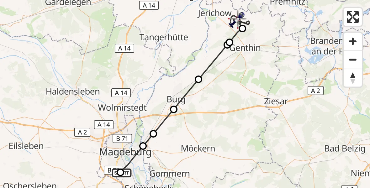Flugroute Polizeihubschrauber Magdeburg City Flugplatz - Jerichow, 08 Juli 2026, 18:54