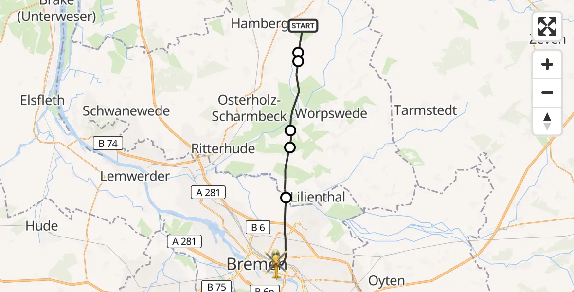 Flugroute Rettungshubschrauber Vollersode - Bremen, 08 Juli 2026, 18:58