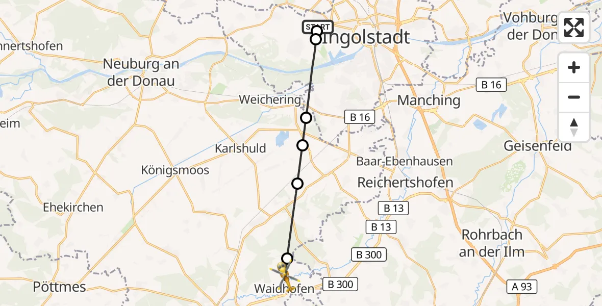 Flugroute Rettungshubschrauber Ingolstadt Hospital - Waidhofen, 08 Juli 2026, 18:59