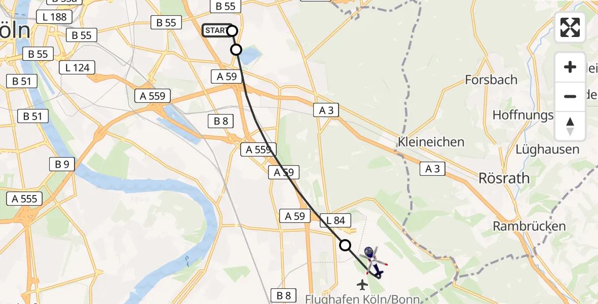 Flugroute Polizeihubschrauber Merheim Hospital - Köln Bonn Flughafen, 08 Juli 2026, 19:07