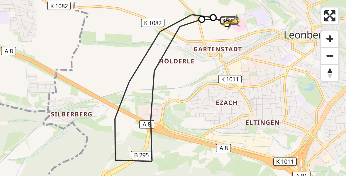 Flugroute Rettungshubschrauber Leonberg Hospital - Leonberg Hospital, 08 Juli 2026, 19:11