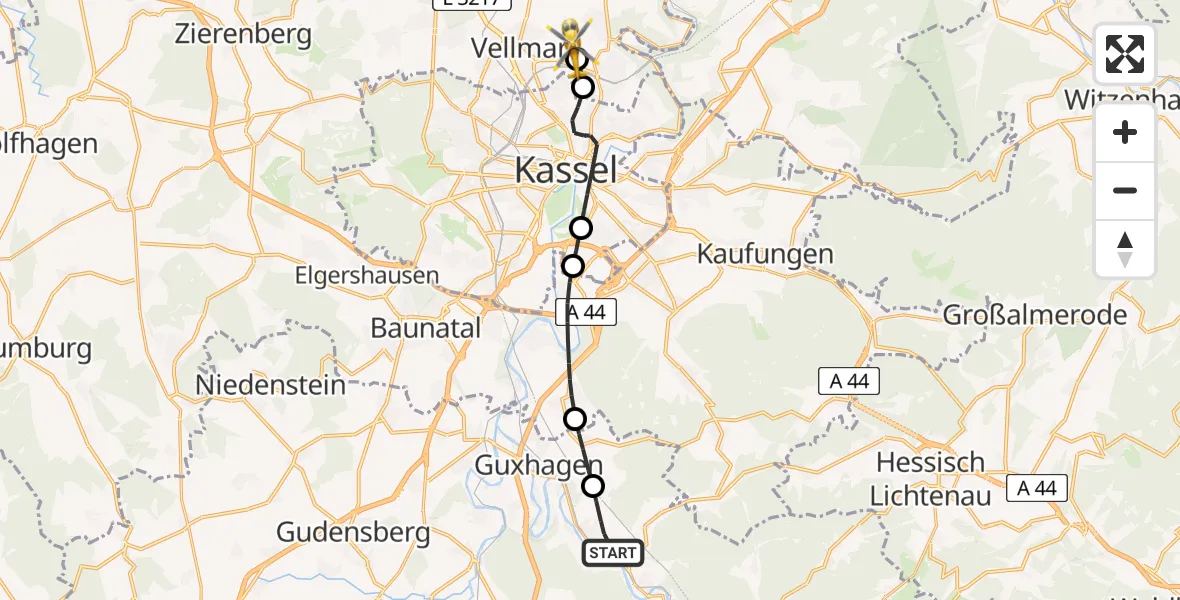 Flugroute Rettungshubschrauber Körle - Fuldatal Bundespolizei Hubschrauberlandeplatz, 08 Juli 2026, 19:12