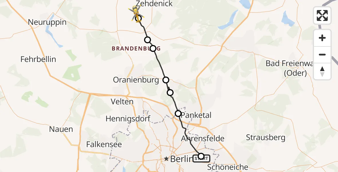 Flugroute Rettungshubschrauber Berlin Emergency Hospital - Zehdenick, 08 Juli 2026, 19:13
