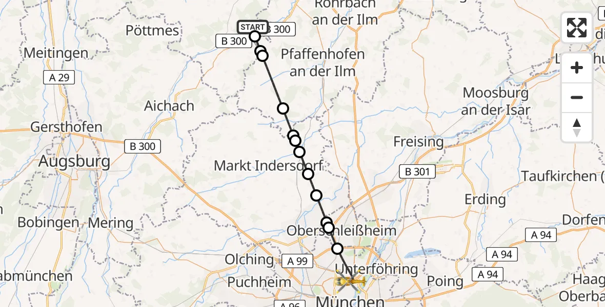 Flugroute Rettungshubschrauber Waidhofen - München, 08 Juli 2026, 19:19