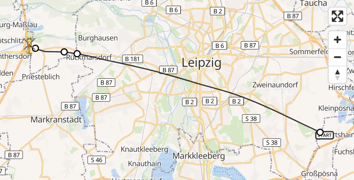 Flugroute Rettungshubschrauber Großpösna - ADAC Air Rescue Station Leipzig/Schkeuditz-Dölzig Hubschrauberlandeplatz (Christoph 61), 08 Juli 2026, 19:26