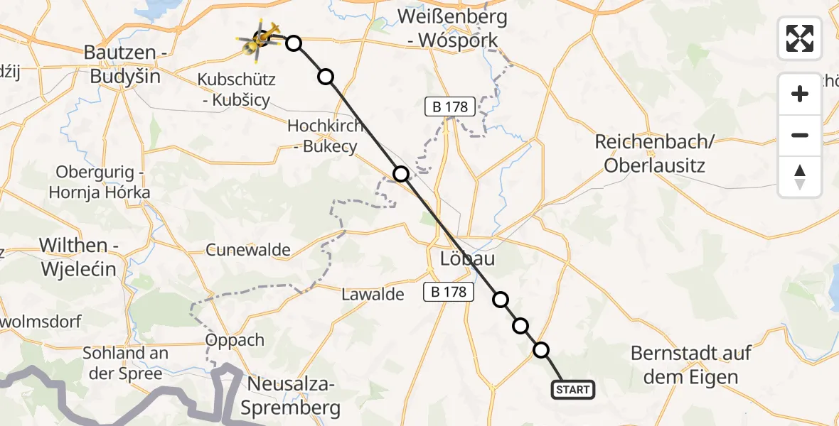 Flugroute Rettungshubschrauber Herrnhut - Bautzen Flugplatz, 08 Juli 2026, 19:29