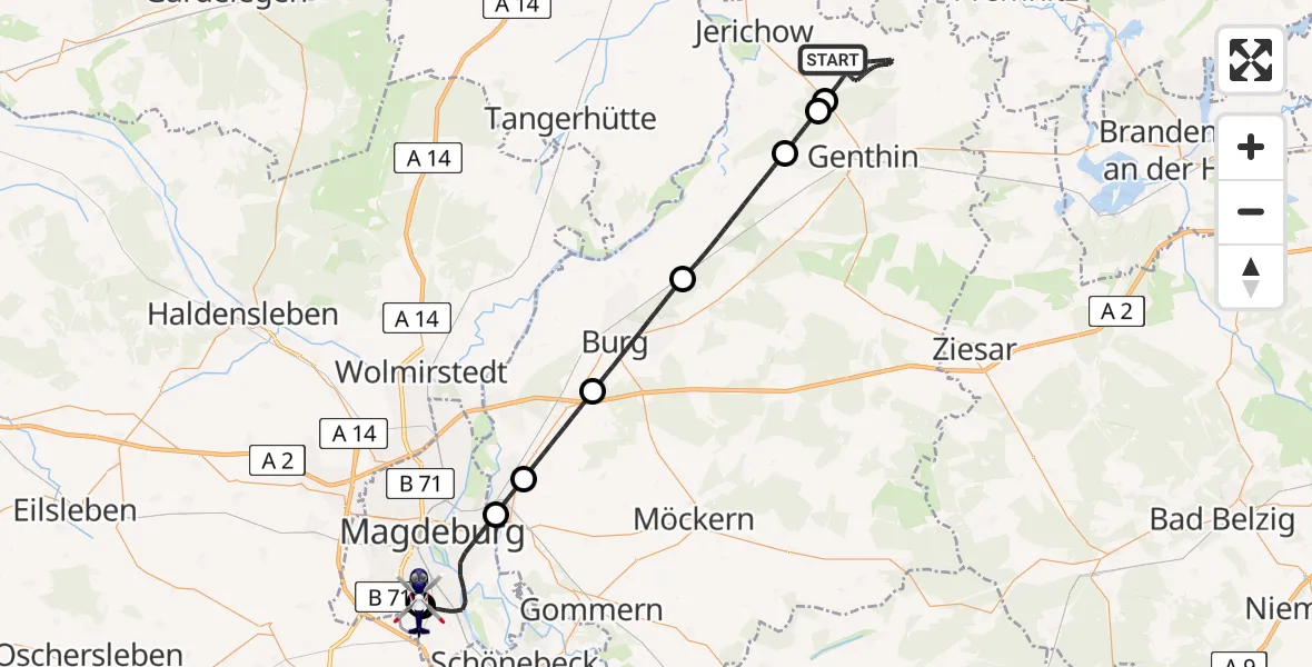 Flugroute Polizeihubschrauber Jerichow - Magdeburg, 08 Juli 2026, 19:34