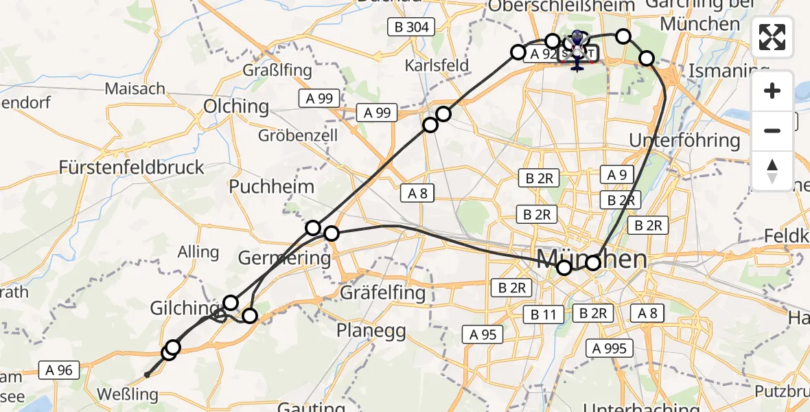 Flugroute Polizeihubschrauber Oberschleißheim - Oberschleißheim, 08 Juli 2026, 19:35