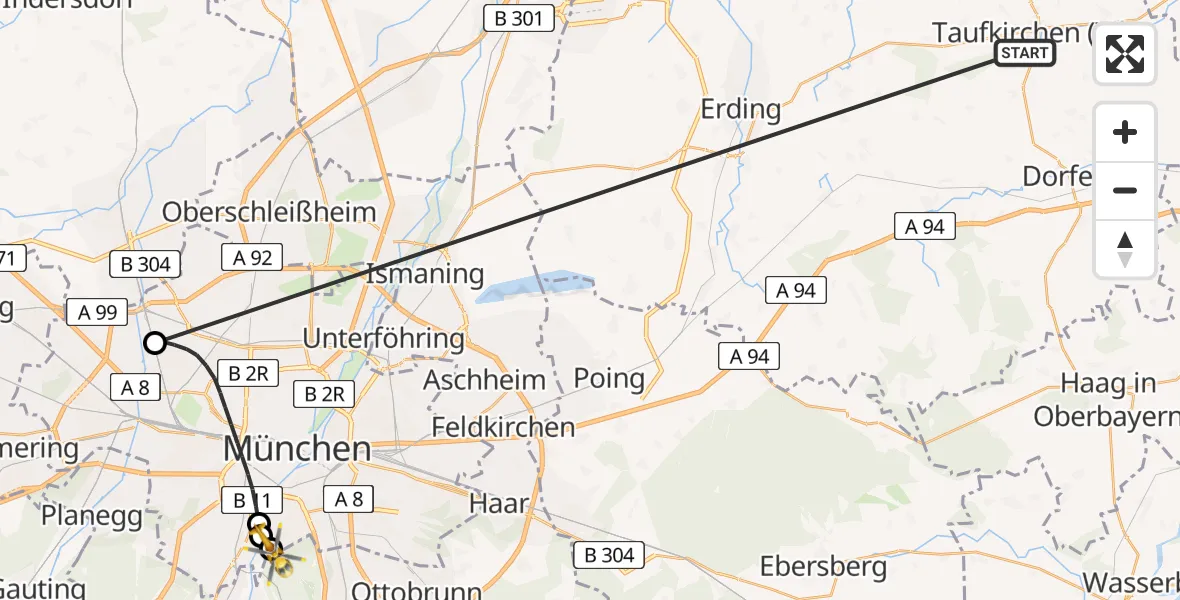 Flugroute Rettungshubschrauber Taufkirchen (Vils) - ADAC Air Rescue Center Hubschrauberlandeplatz (Christoph 1), 08 Juli 2026, 19:39