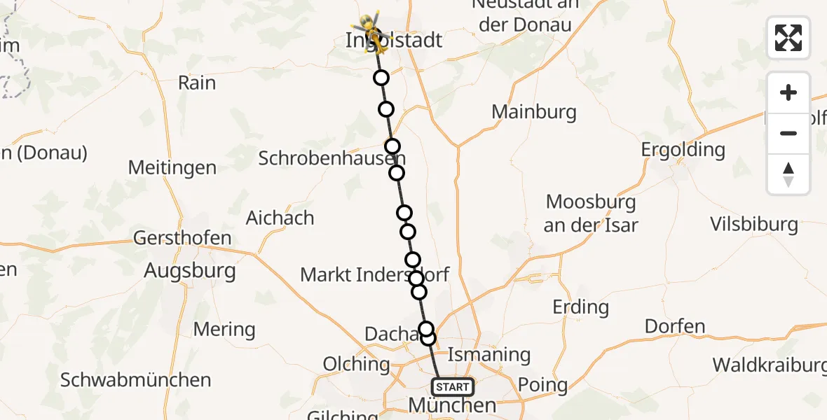 Flugroute Rettungshubschrauber München - Ingolstadt Hospital, 08 Juli 2026, 19:44