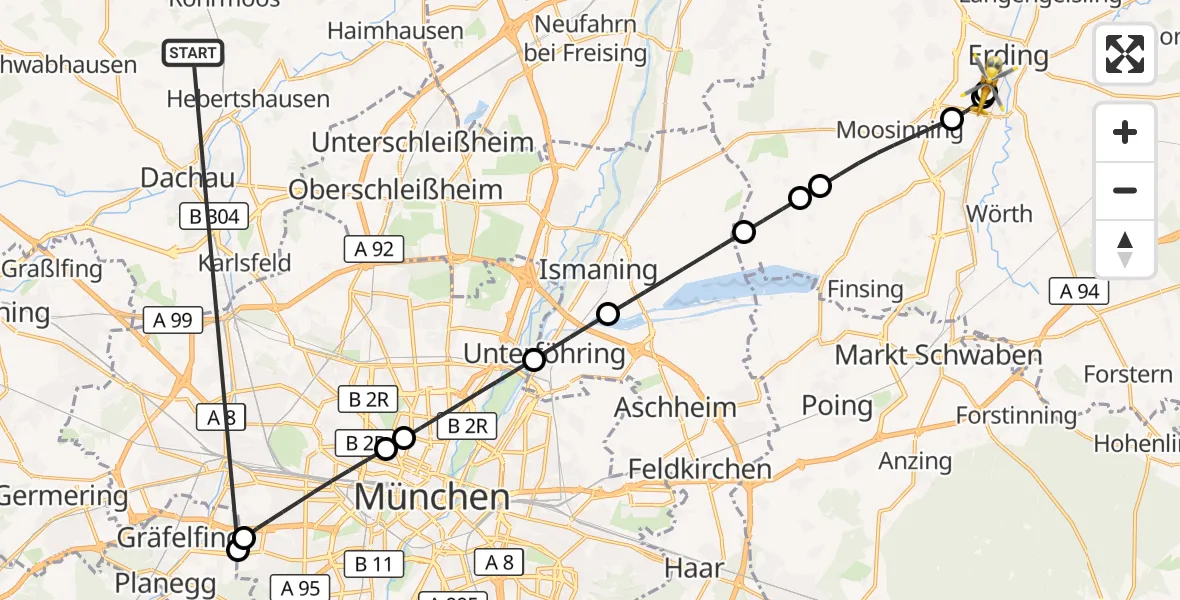 Flugroute Rettungshubschrauber Röhrmoos - Erding District Hospital, 08 Juli 2026, 19:46
