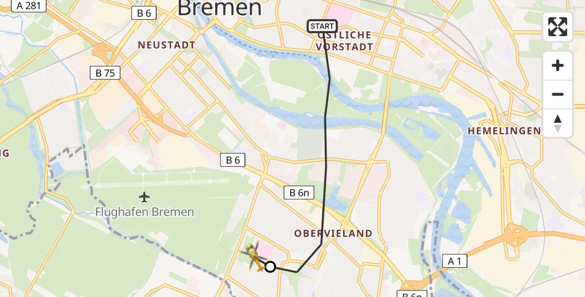 Flugroute Rettungshubschrauber Bremen - ADAC Air Rescue Station Bremen Hubschrauberlandeplatz (Christoph 6), 08 Juli 2026, 19:55