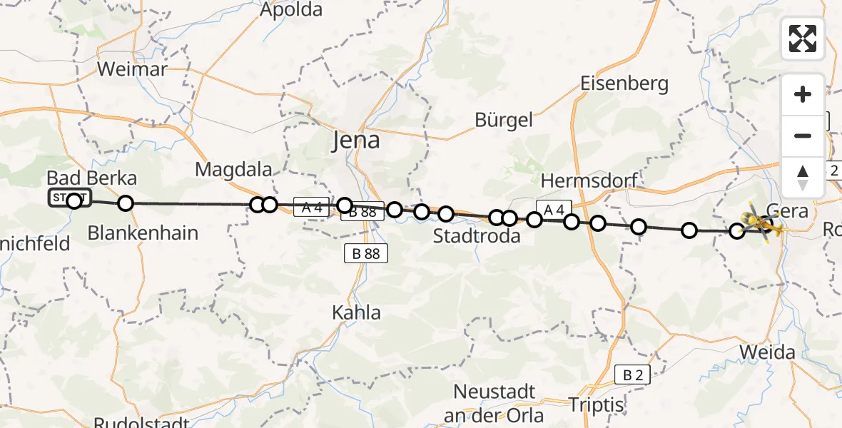 Flugroute Ambulanzhubschrauber DRF Rettungsstation Bad Berka Hubschrauberlandeplatz - SRH Wald-Klinikum Gera Hospital Hubschrauberlandeplatz, 08 Juli 2026, 20:31