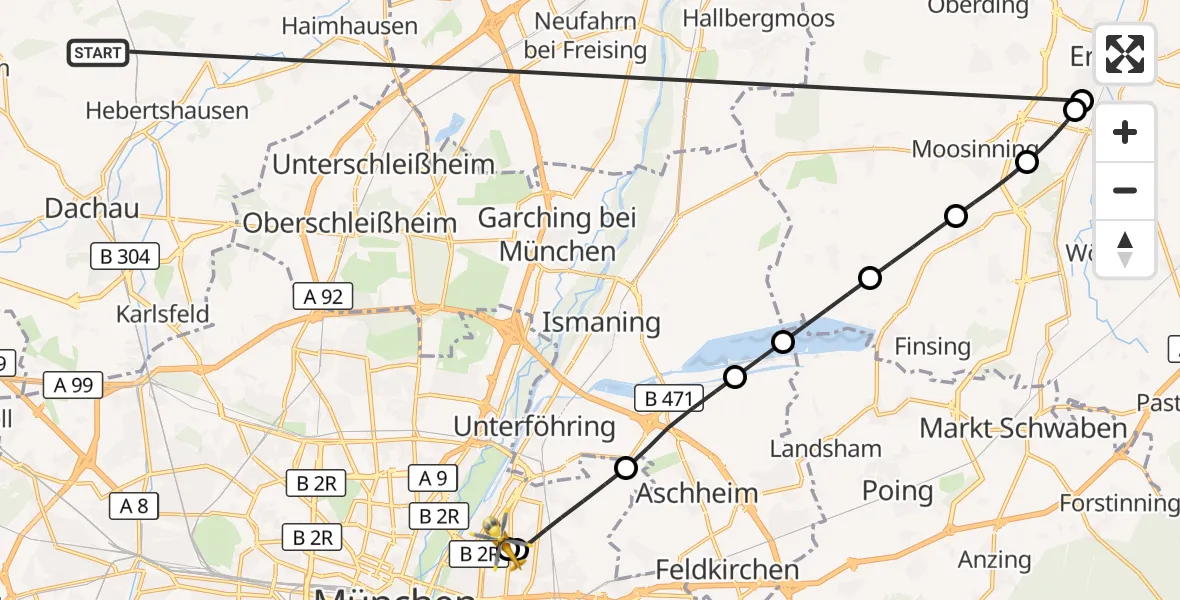 Flugroute Rettungshubschrauber Röhrmoos - München Bogenhausen Hospital, 08 Juli 2026, 20:42