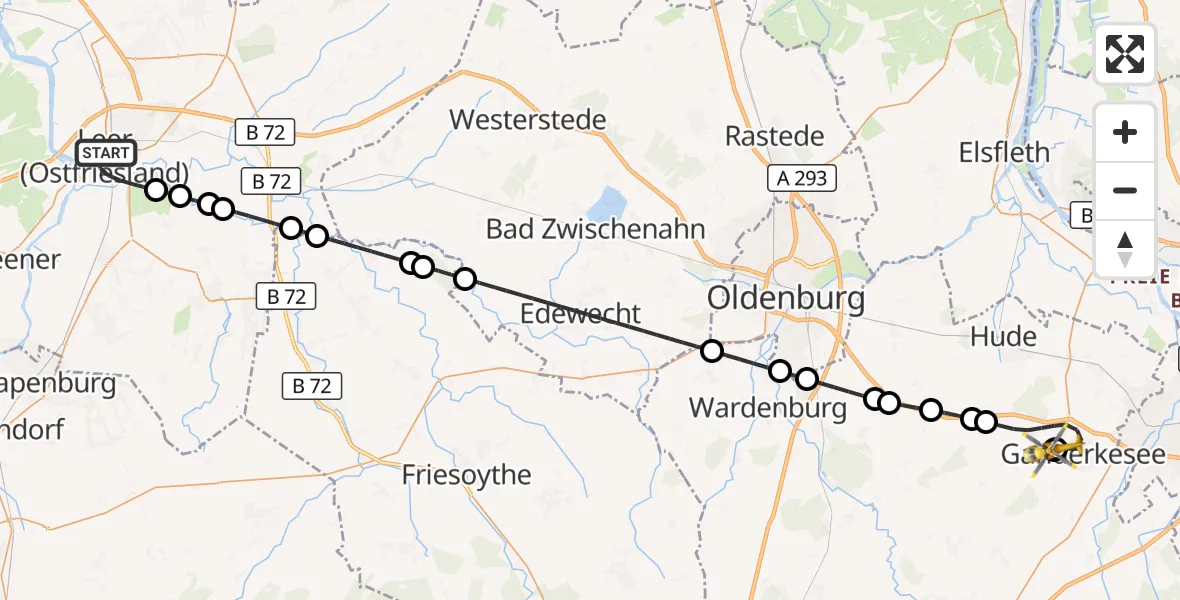 Flugroute Rettungshubschrauber Leer (Ostfriesland) - Ganderkesee, 08 Juli 2026, 21:25