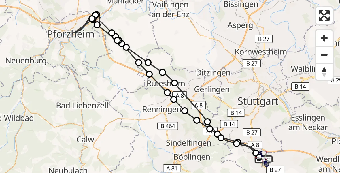 Flugroute Polizeihubschrauber Flughafen Stuttgart - Flughafen Stuttgart, 08 Juli 2026, 21:37