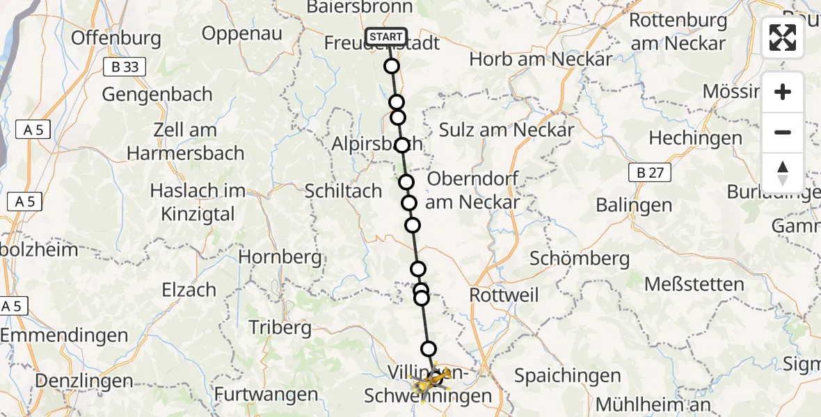 Flugroute Ambulanzhubschrauber Freudenstadt - DRF Air Rescue Station Villingen-Schwenningen Hubschrauberlandeplatz (Christoph 11), 08 Juli 2026, 21:47