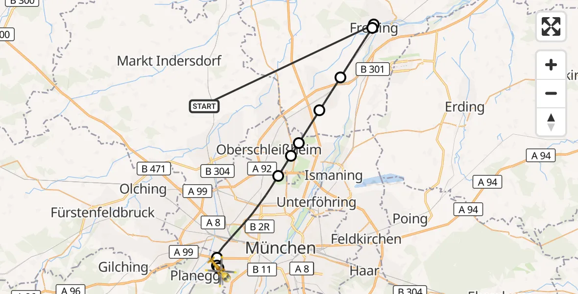 Flugroute Rettungshubschrauber Röhrmoos - DRF Air Rescue München Hubschrauberlandeplatz, 08 Juli 2026, 22:06
