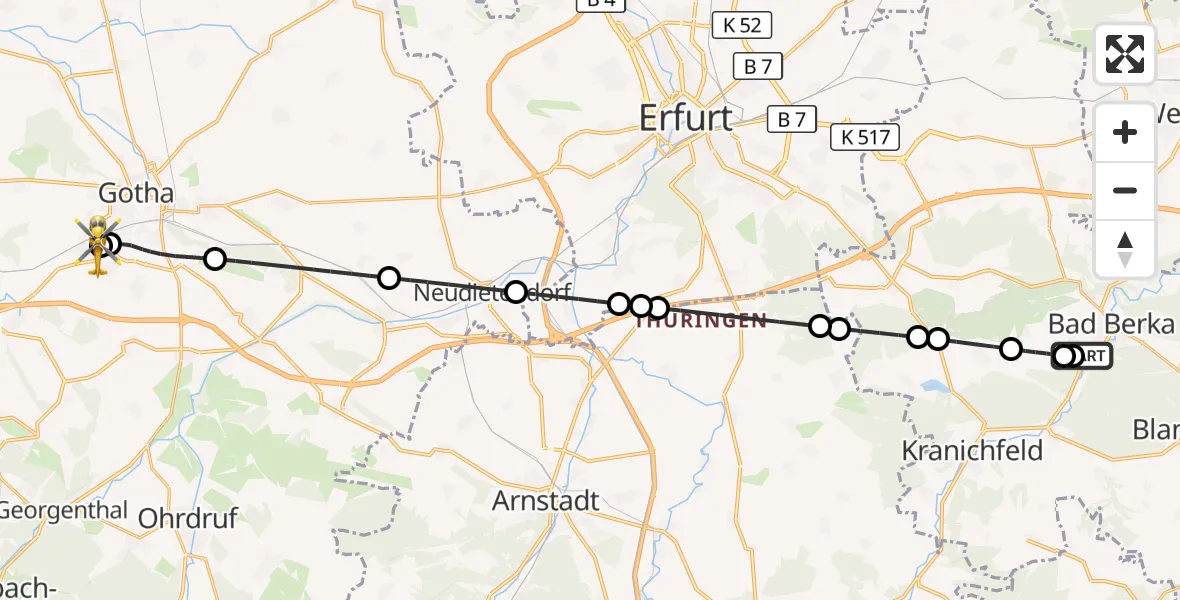 Flugroute Ambulanzhubschrauber Bad Berka Central Hospital - Helios Clinic Gotha, 08 Juli 2026, 22:21