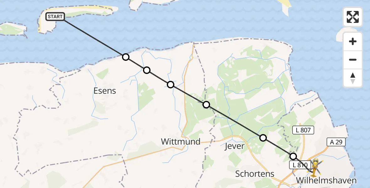 Flugroute Rettungshubschrauber Noordzee - Wilhelmshaven, 08 Juli 2026, 22:27