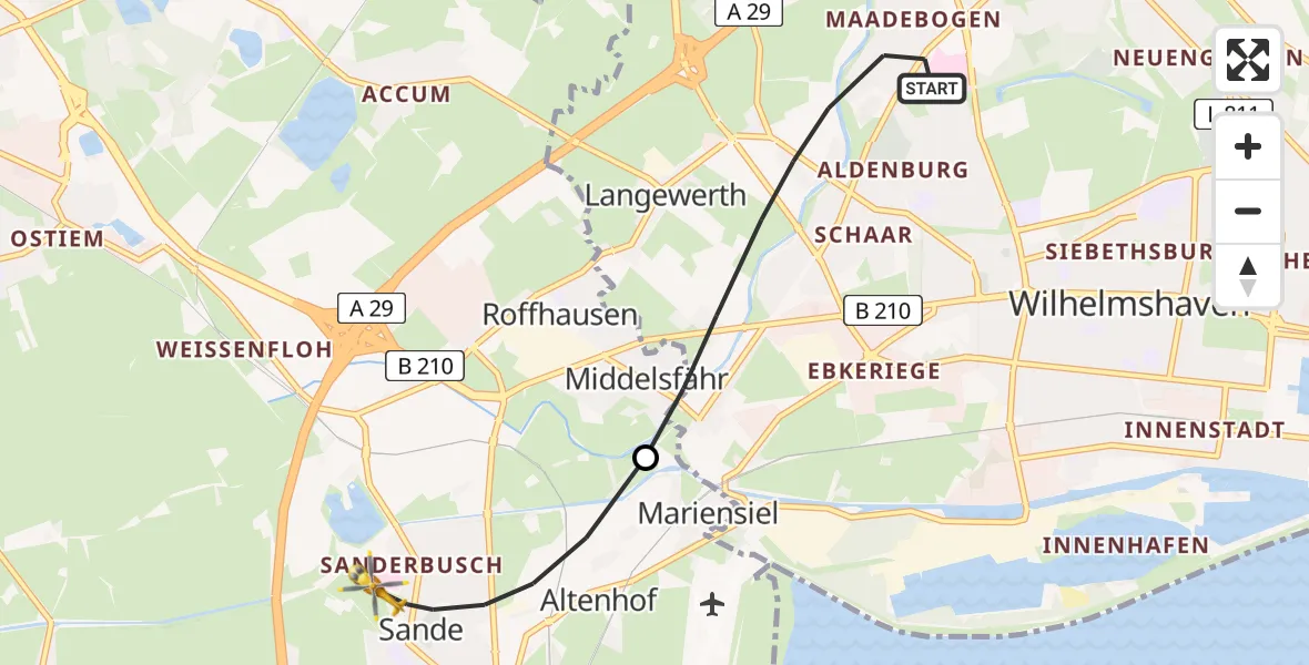 Flugroute Rettungshubschrauber Wilhelmshaven - Sande, 08 Juli 2026, 23:08