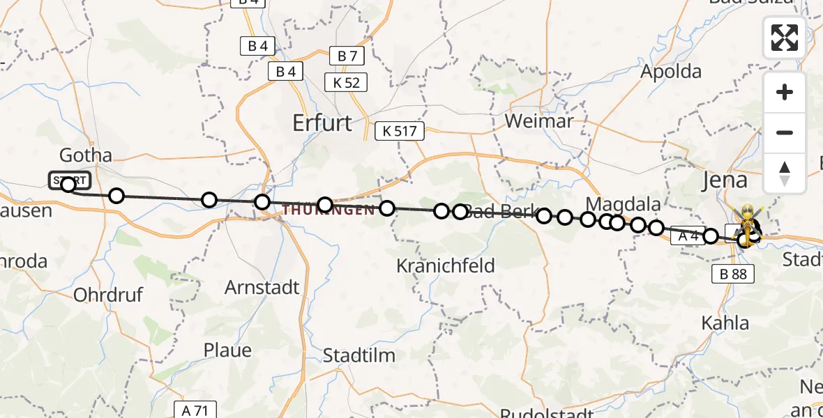 Flugroute Ambulanzhubschrauber Helios Clinic Gotha - Jena University Hospital, 08 Juli 2026, 23:30