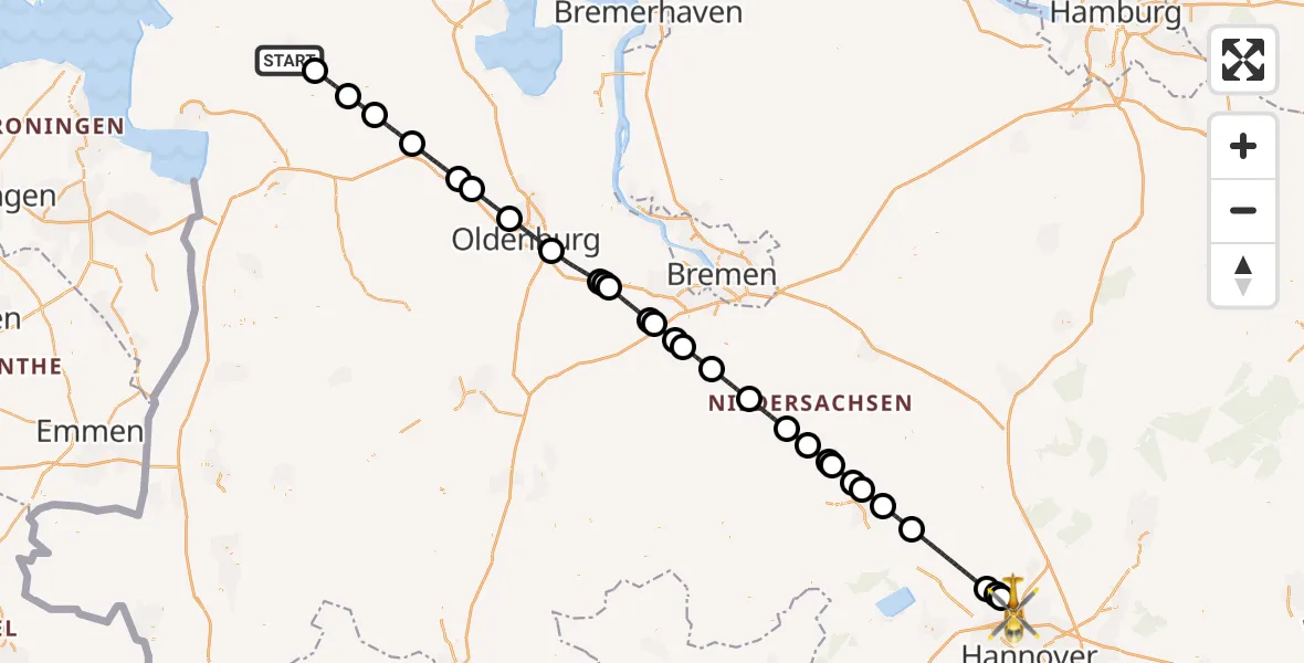Flugroute Rettungshubschrauber Aurich - Flughafen Hannover, 09 Juli 2026, 01:28