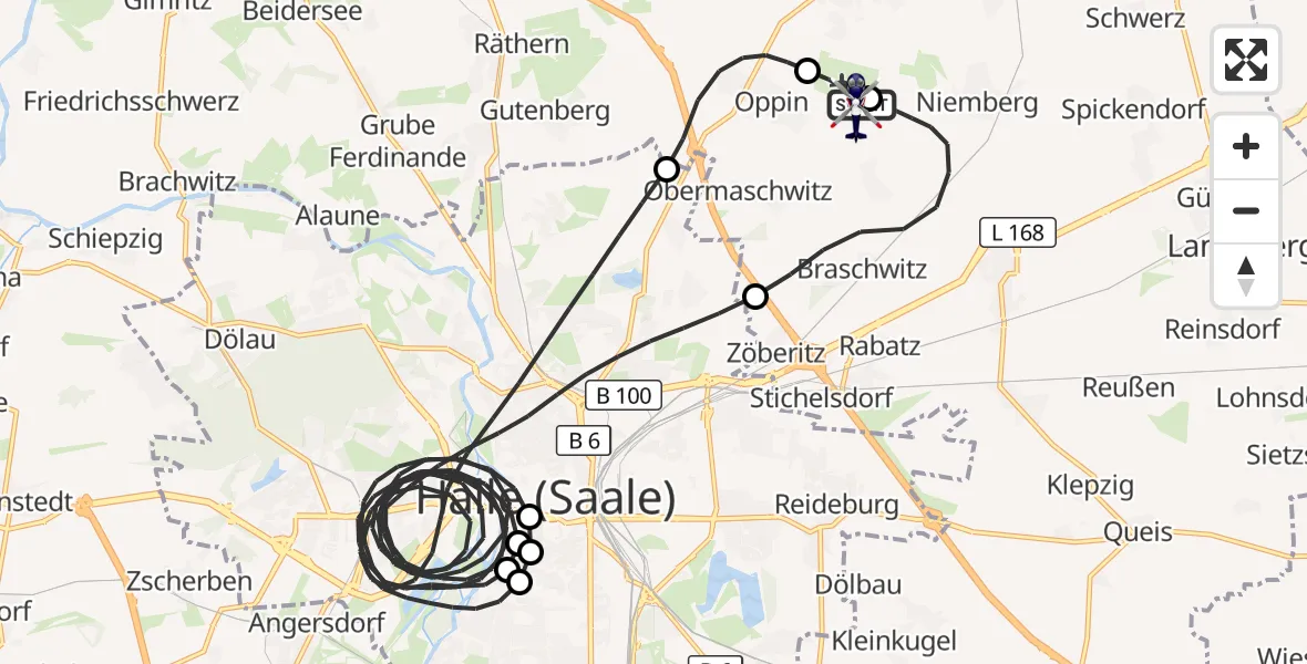 Flugroute Polizeihubschrauber Halle-Oppin Flugplatz - Halle-Oppin Flugplatz, 09 Juli 2026, 01:41