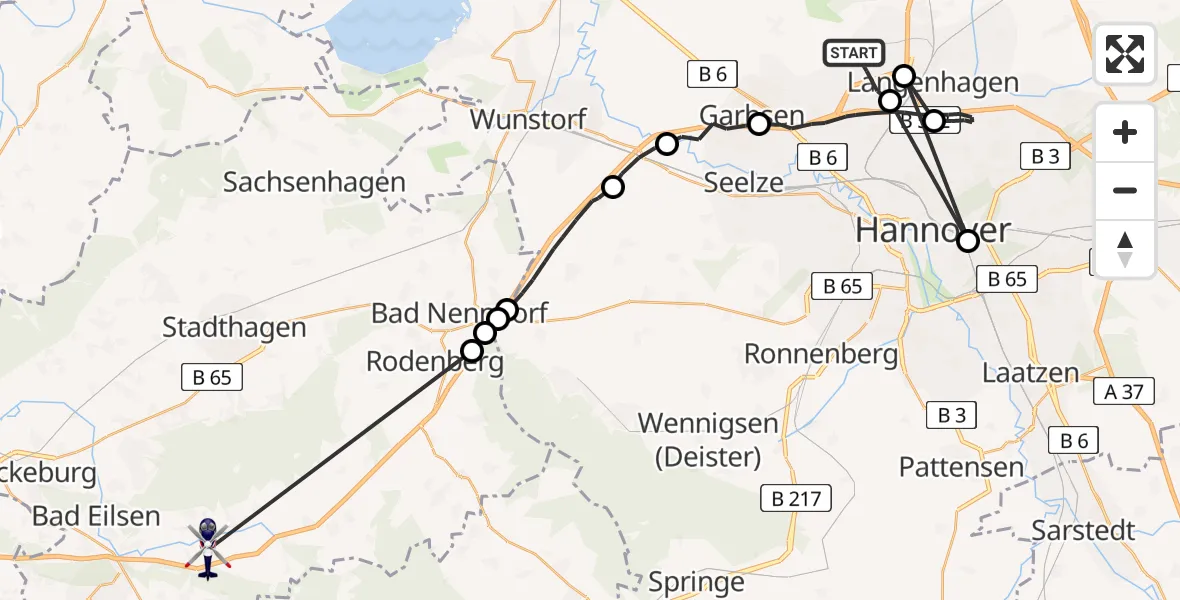 Flugroute Polizeihubschrauber Flughafen Hannover - Auetal, 09 Juli 2026, 01:47