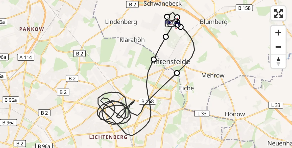 Flugroute Polizeihubschrauber Ahrensfelde Hubschrauberlandeplatz - Ahrensfelde Hubschrauberlandeplatz, 09 Juli 2026, 02:01
