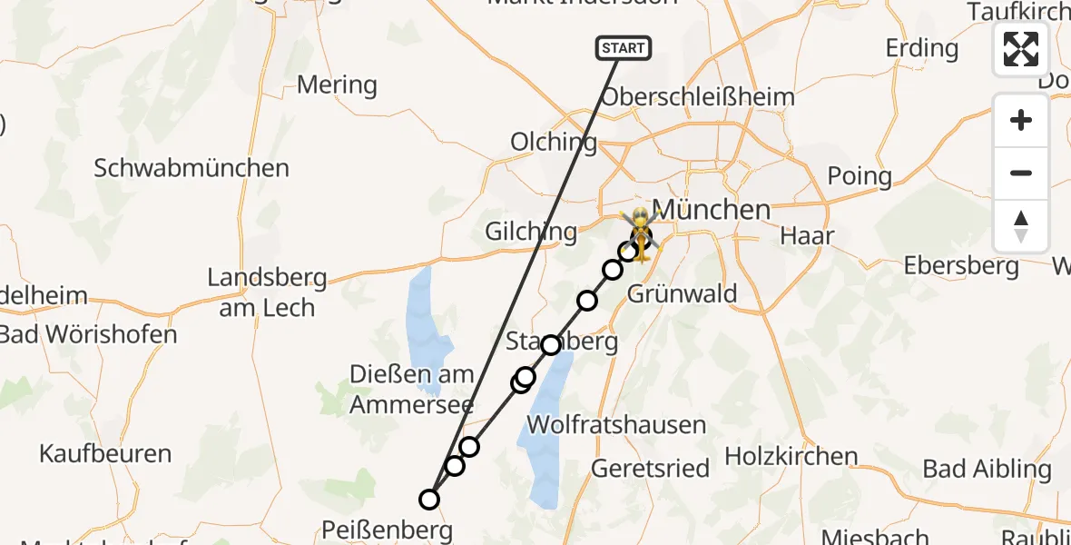 Flugroute Rettungshubschrauber Röhrmoos - DRF Air Rescue München Hubschrauberlandeplatz, 09 Juli 2026, 02:32