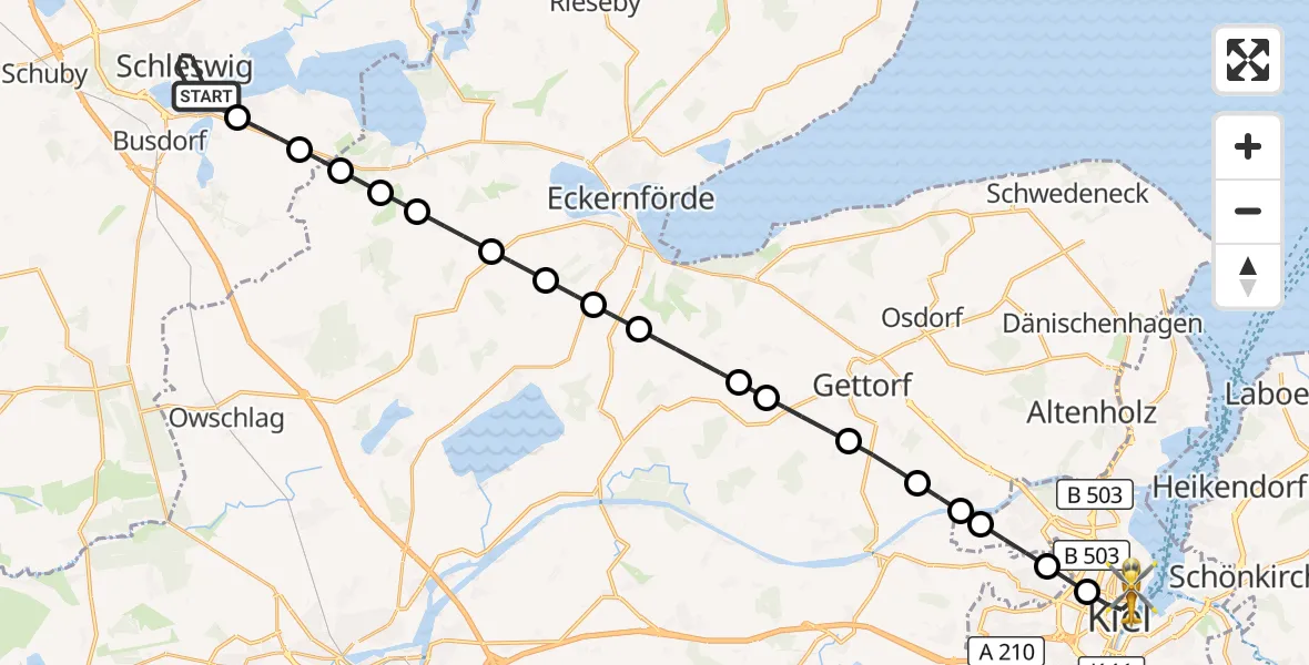 Flugroute Ambulanzhubschrauber Schleswig - Kiel, 09 Juli 2026, 03:24