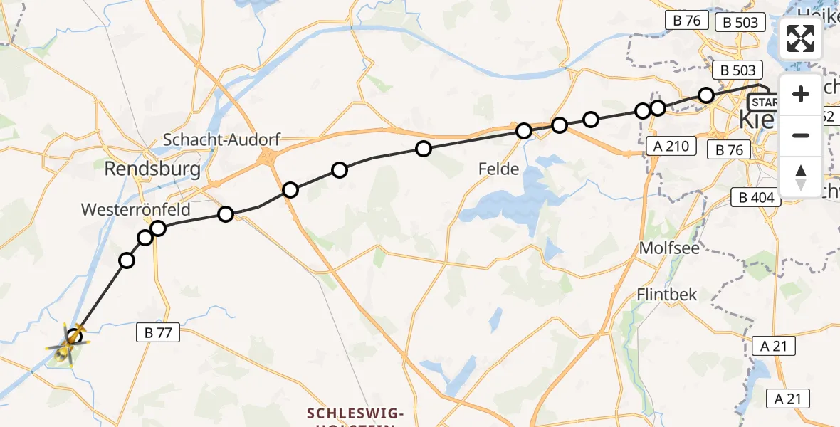Flugroute Ambulanzhubschrauber Kiel - Rendsburg-Schachtholm Flugplatz, 09 Juli 2026, 04:01