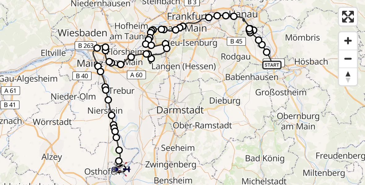Flugroute Polizeihubschrauber Mainhausen - Biblis, 09 Juli 2026, 04:03