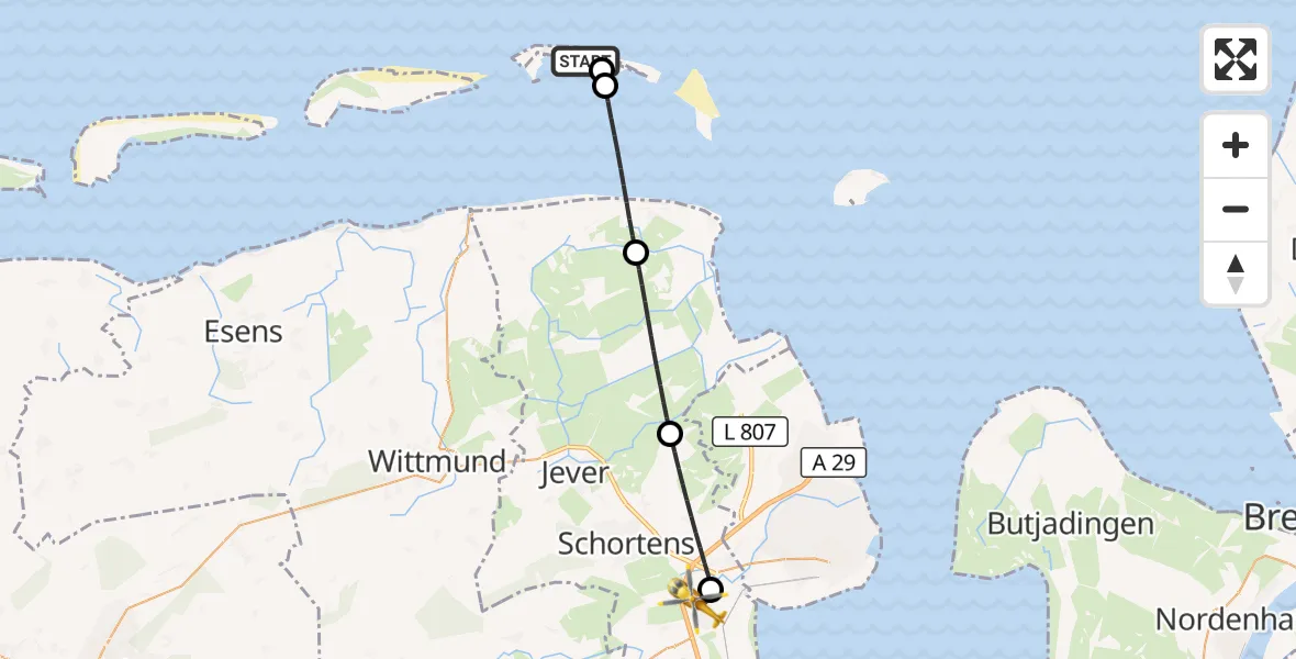 Flugroute Rettungshubschrauber Noordzee - Sande, 09 Juli 2026, 04:36