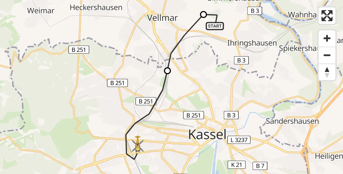 Flugroute Rettungshubschrauber Fuldatal Bundespolizei Hubschrauberlandeplatz - Kassel, 09 Juli 2026, 05:03