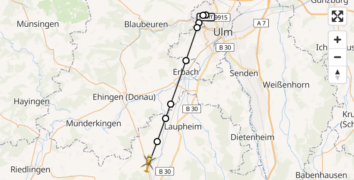 Flugroute Rettungshubschrauber Ulm Military Hospital Emergency - Schemmerhofen, 09 Juli 2026, 05:06