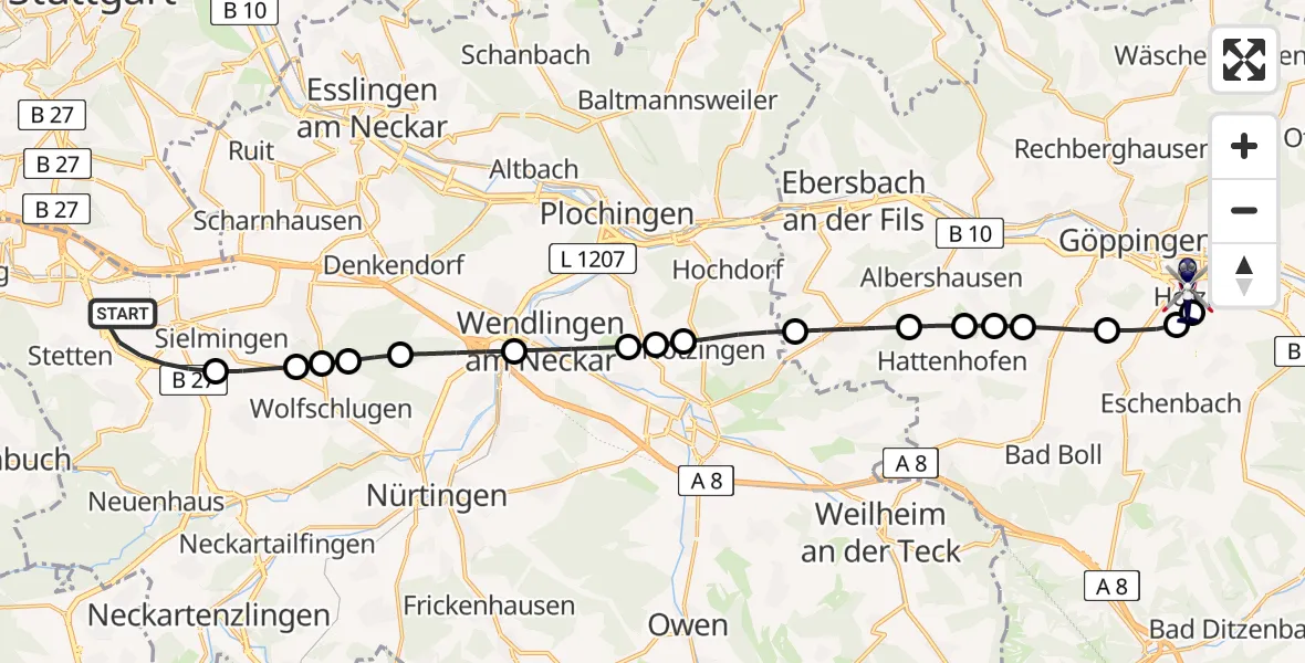 Flugroute Polizeihubschrauber Flughafen Stuttgart - Göppingen, 09 Juli 2026, 05:08