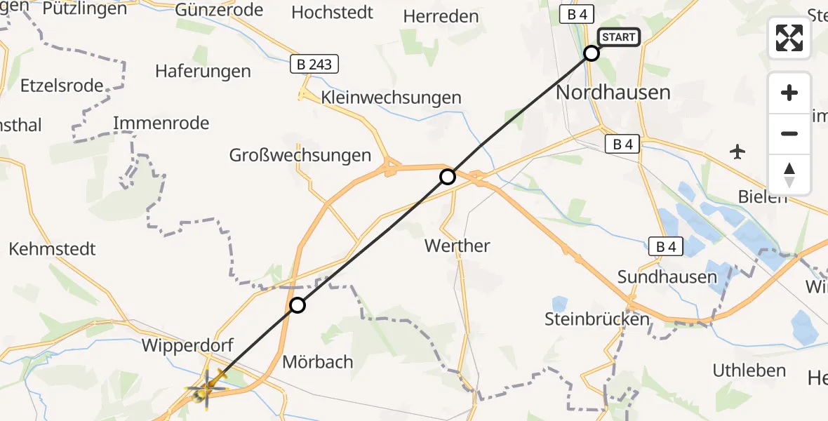 Flugroute Rettungshubschrauber Südharz Hospital Nordhausen - Bleicherode, 09 Juli 2026, 05:14