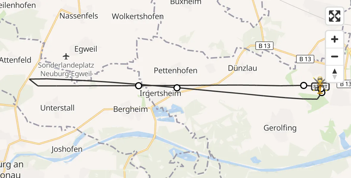 Flugroute Rettungshubschrauber Ingolstadt Hospital - Ingolstadt Hospital, 09 Juli 2026, 05:24