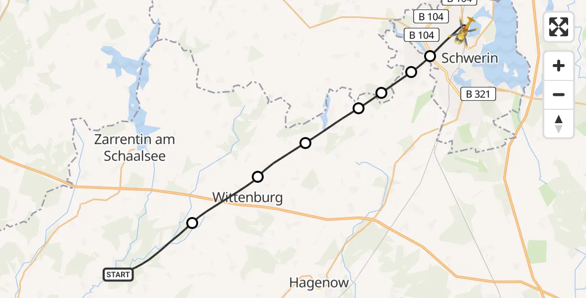 Flugroute Rettungshubschrauber Vellahn - Schwerin, 09 Juli 2026, 05:28