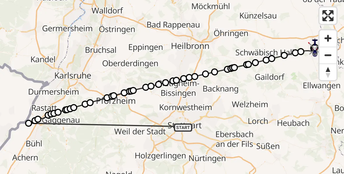 Flugroute Polizeihubschrauber Stuttgart - Crailsheim Hospital Hubschrauberlandeplatz, 09 Juli 2026, 05:30