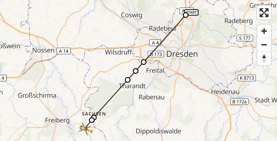 Flugroute Rettungshubschrauber Dresden Flughafen - Bobritzsch-Hilbersdorf, 09 Juli 2026, 05:30