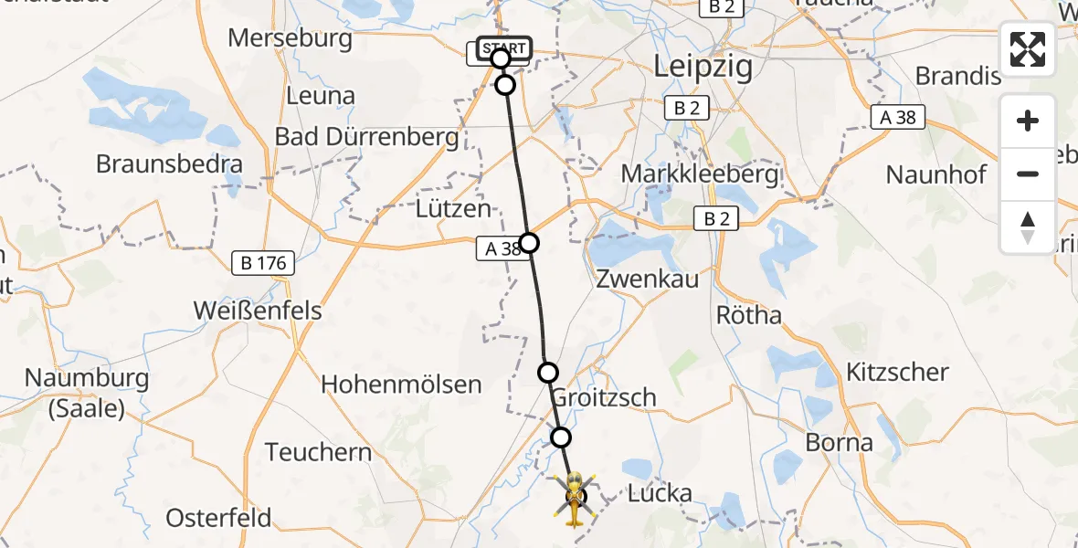 Flugroute Rettungshubschrauber ADAC Air Rescue Station Leipzig/Schkeuditz-Dölzig Hubschrauberlandeplatz (Christoph 61) - Elsteraue, 09 Juli 2026, 05:38