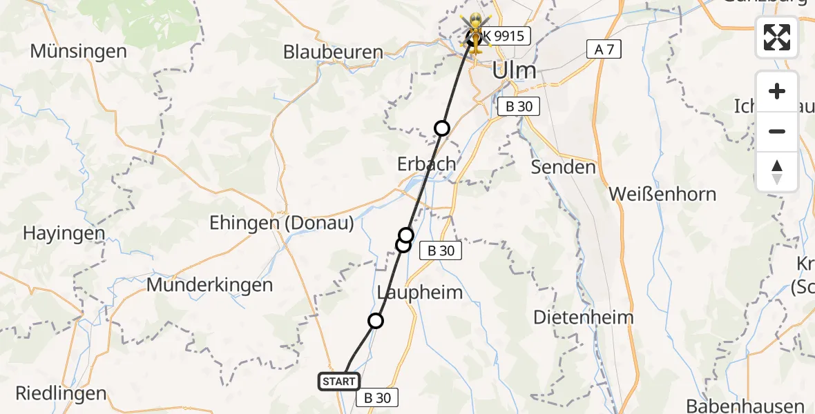Flugroute Rettungshubschrauber Schemmerhofen - Ulm Military Hospital Emergency, 09 Juli 2026, 05:44